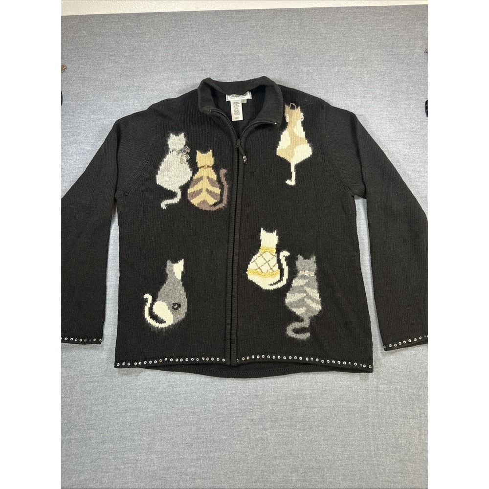 Coldwater Creek Cat Cardigan Sweater Womens XL Zip Black Ramie Wool Angora Cats